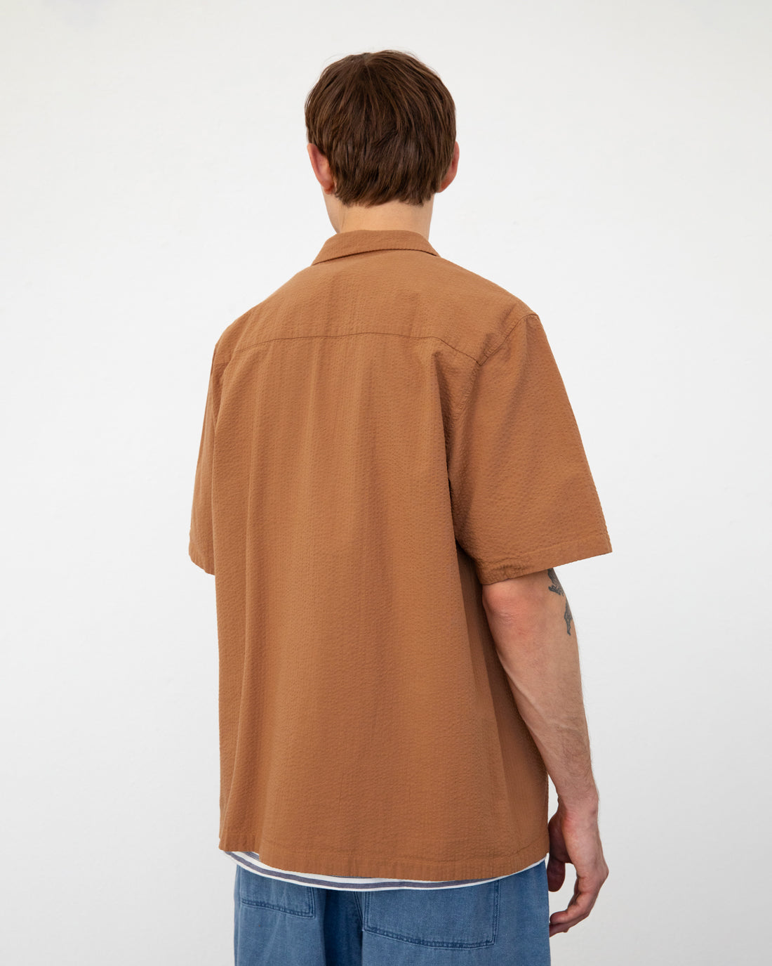 Seersucker Bowling Shirt Bio Baumwolle - Karamel