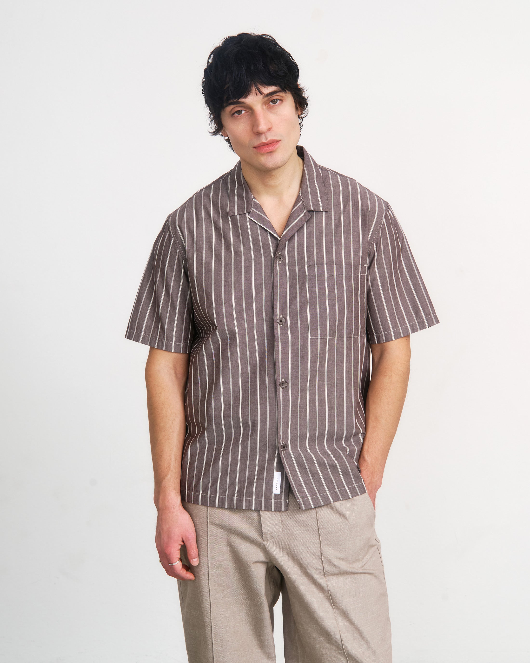 Gestreiftes Bowling Shirt Bio Baumwolle - Braun