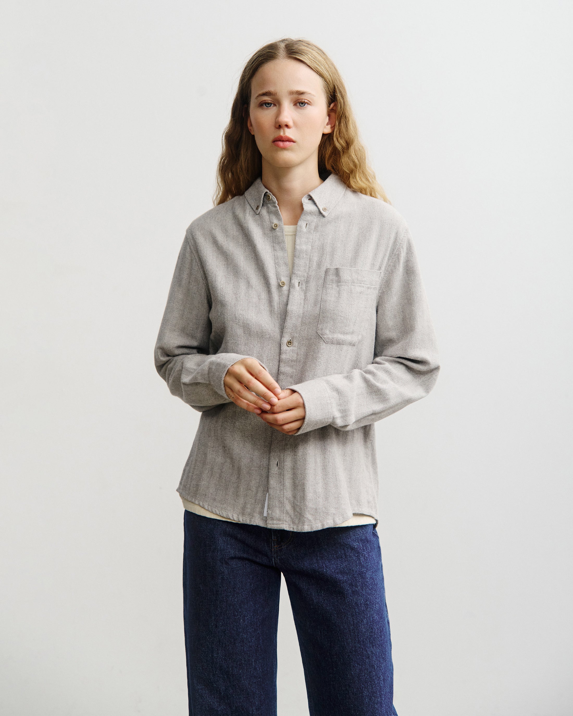 Button-Down Hemd Bio Baumwolle - Herringbone Grau