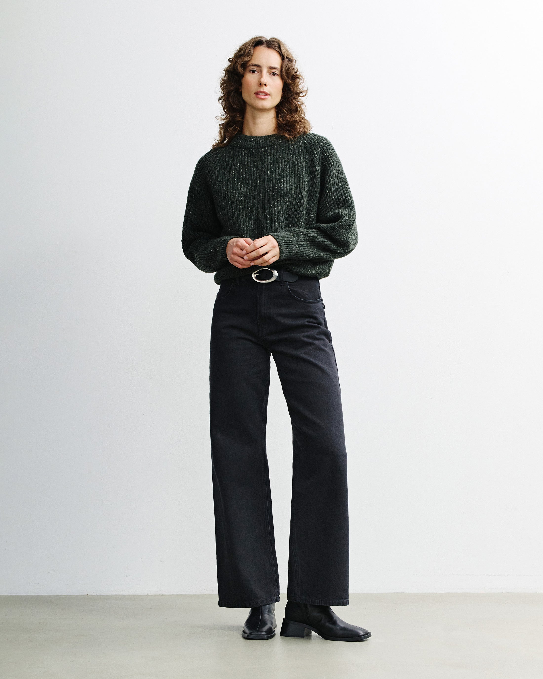 Kurzer Strickpullover Merinowolle - Grün