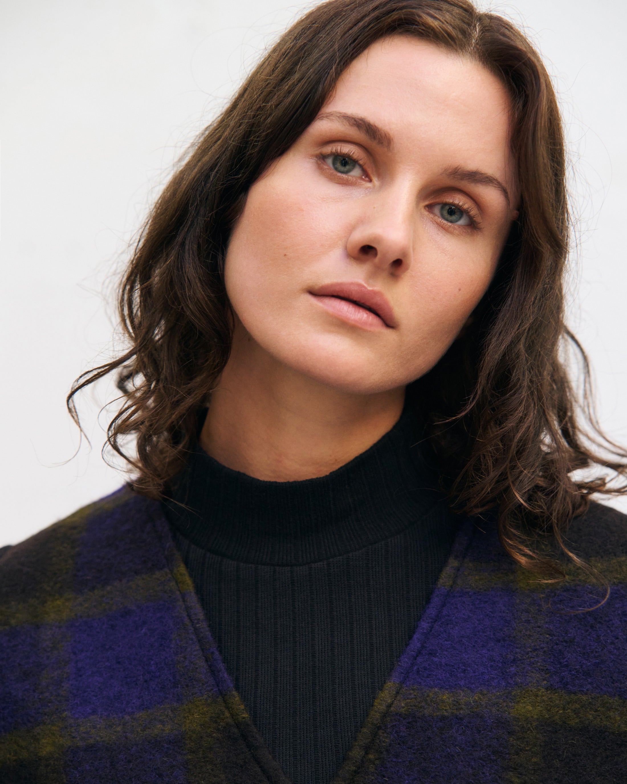 Kurze Weste Bio Wolle - Lila Kariert