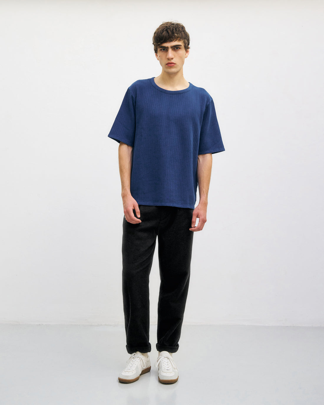 Schweres Geripptes T-Shirt Bio Baumwolle - Royalblau