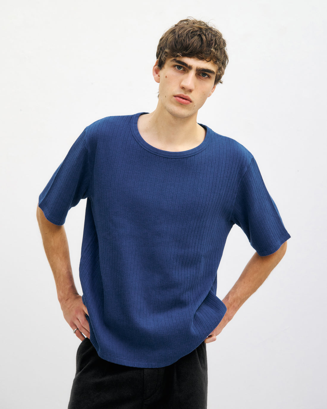 Schweres Geripptes T-Shirt Bio Baumwolle - Royalblau