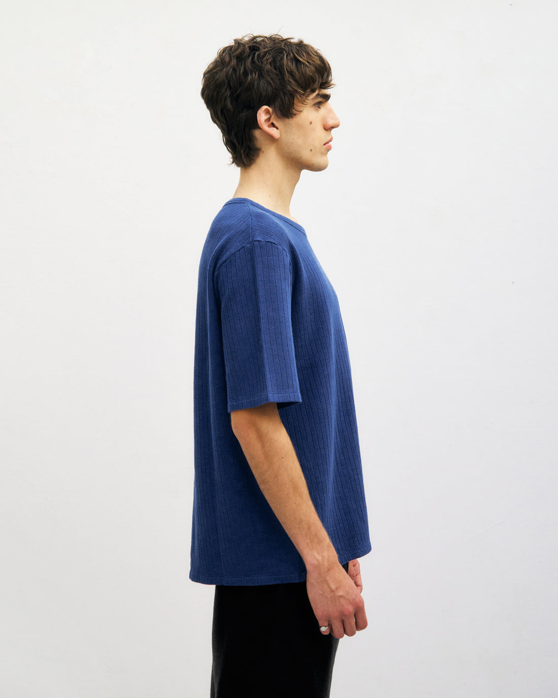 Schweres Geripptes T-Shirt Bio Baumwolle - Royalblau