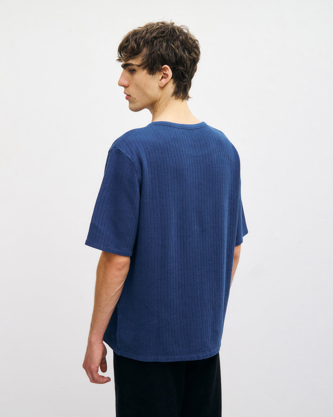 Schweres Geripptes T-Shirt Bio Baumwolle - Royalblau