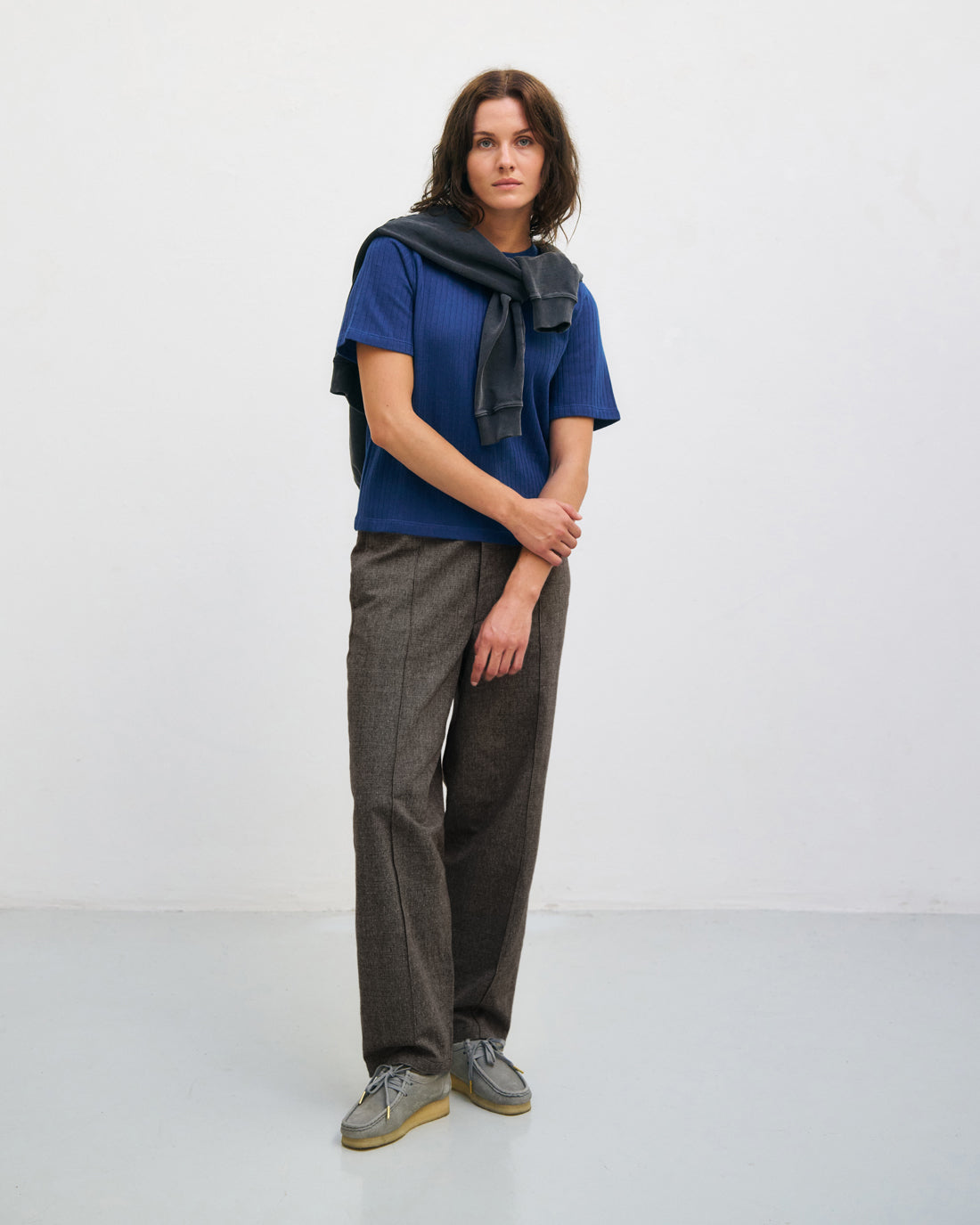 Schweres Geripptes T-Shirt Bio Baumwolle - Royalblau