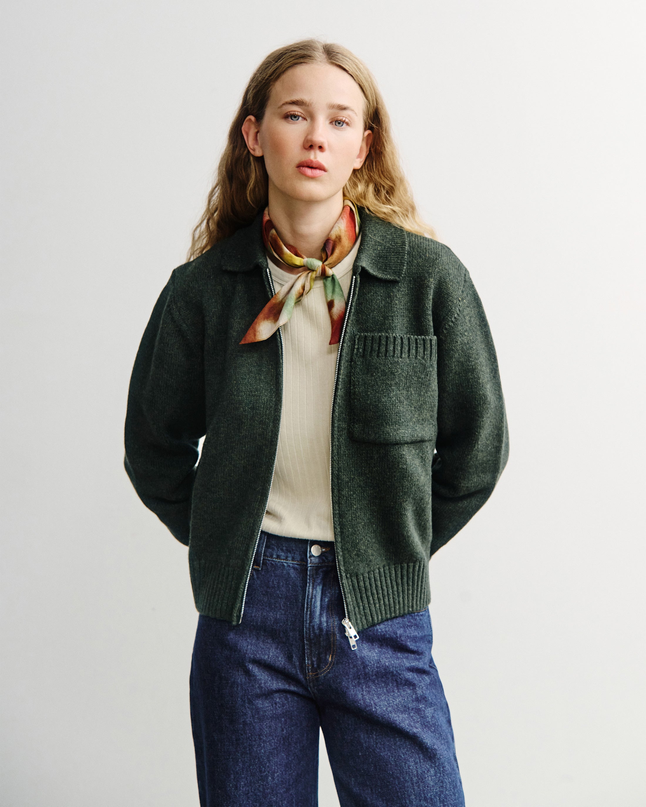 Polo Strickjacke Recycelte Wolle - Grün Meliert