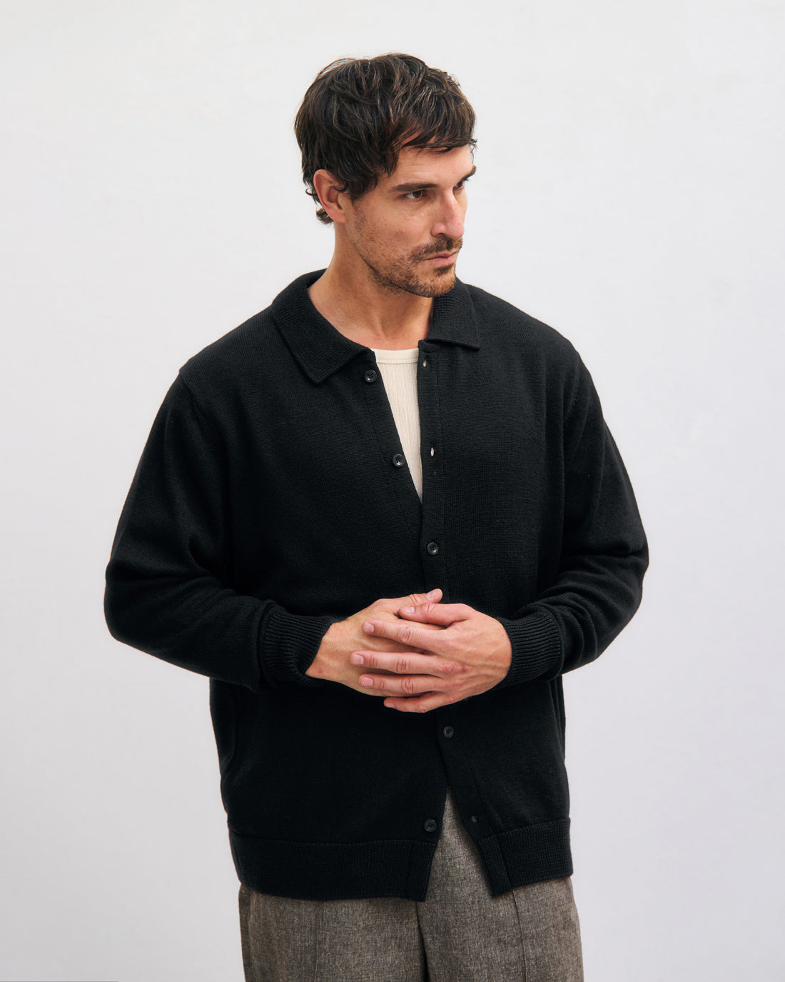 Strick Shirt Merinowolle - Schwarz