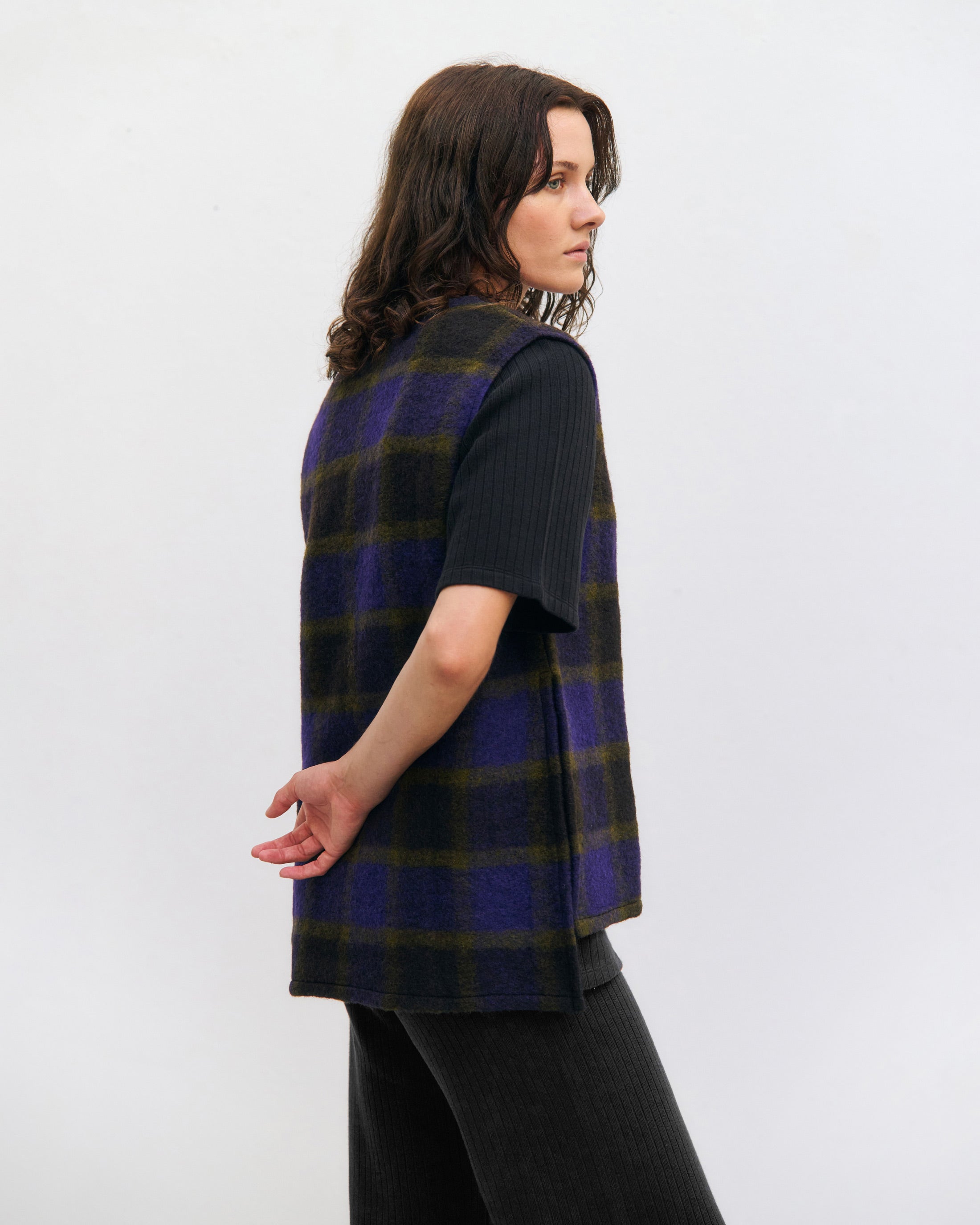 Lange Weste Bio Wollmischung - Lila Kariert