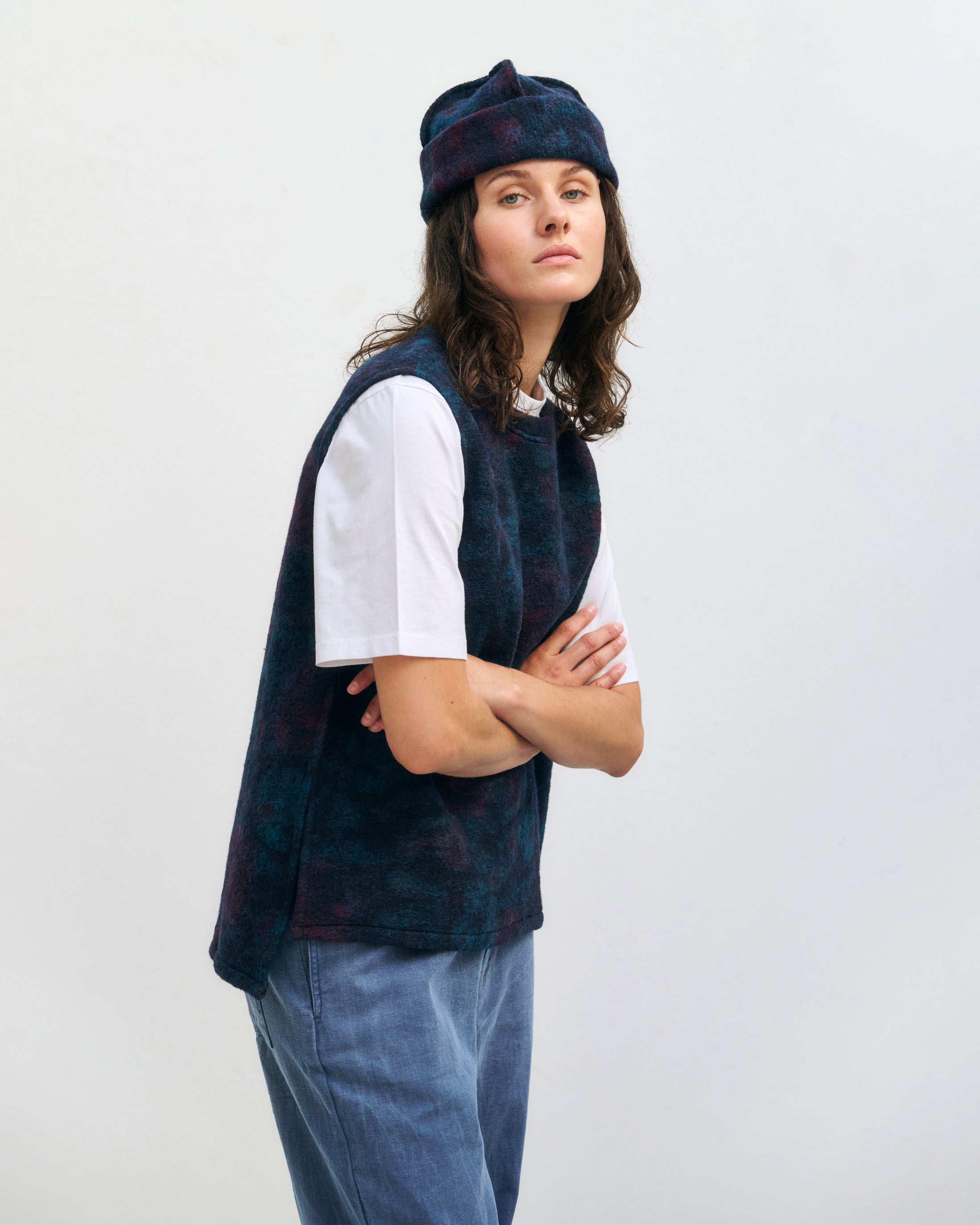 Lange Weste Bio Wollmischung - Blau Melange