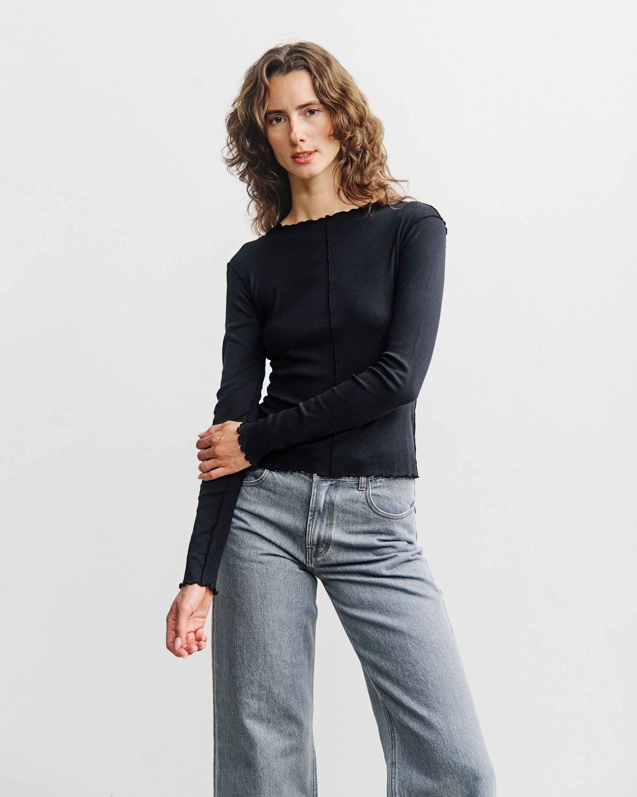 Pin-Tucked Long-Sleeve Bio Baumwolle - Schwarz