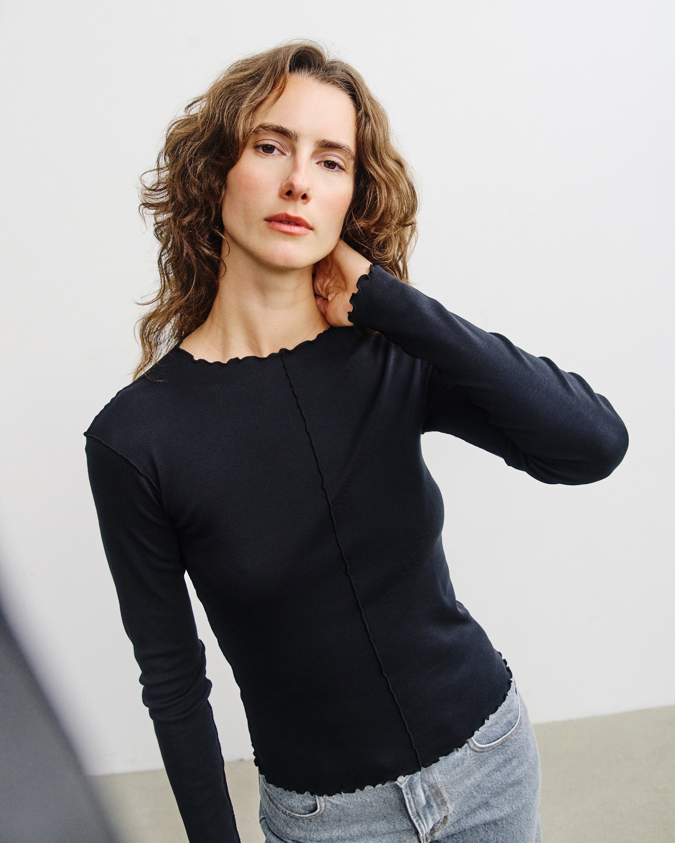 Pin-Tucked Long-Sleeve Bio Baumwolle - Schwarz