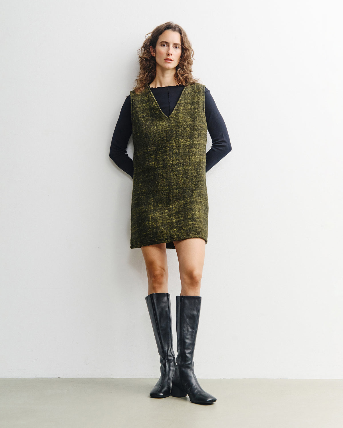 V-Neck Dress Wool-Blend - Speckled Green