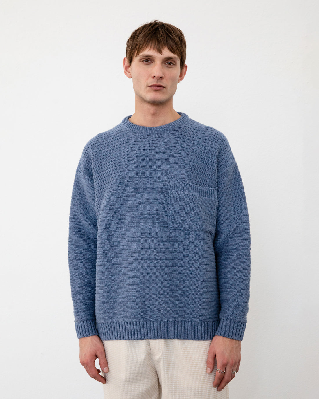 Gerippter Strickpullover Bio Baumwolle - Blau