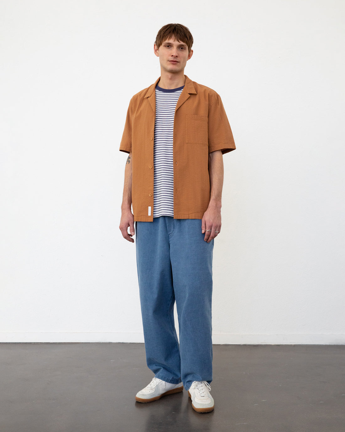 Seersucker Bowling Shirt Bio Baumwolle - Karamel