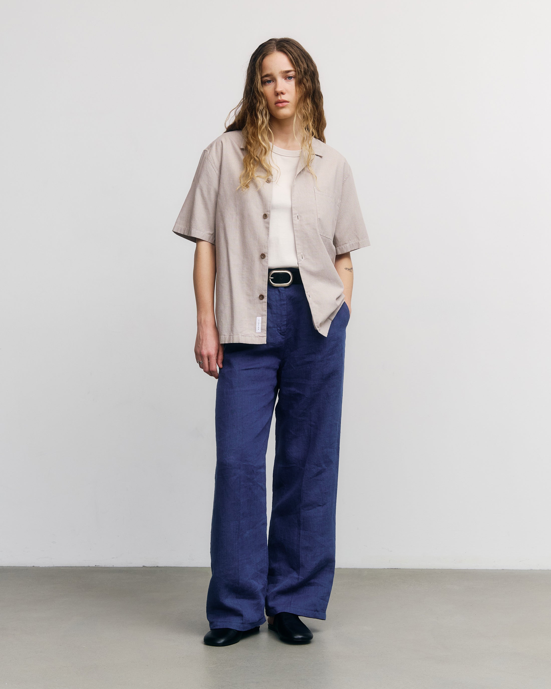 Gestreiftes Bowling Shirt Bio Baumwolle - Beige