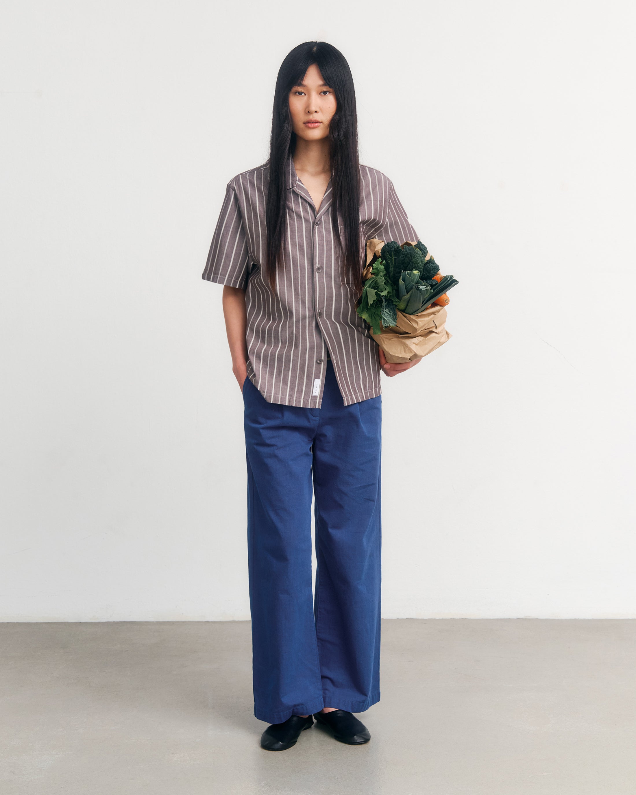 Gestreiftes Bowling Shirt Bio Baumwolle - Braun