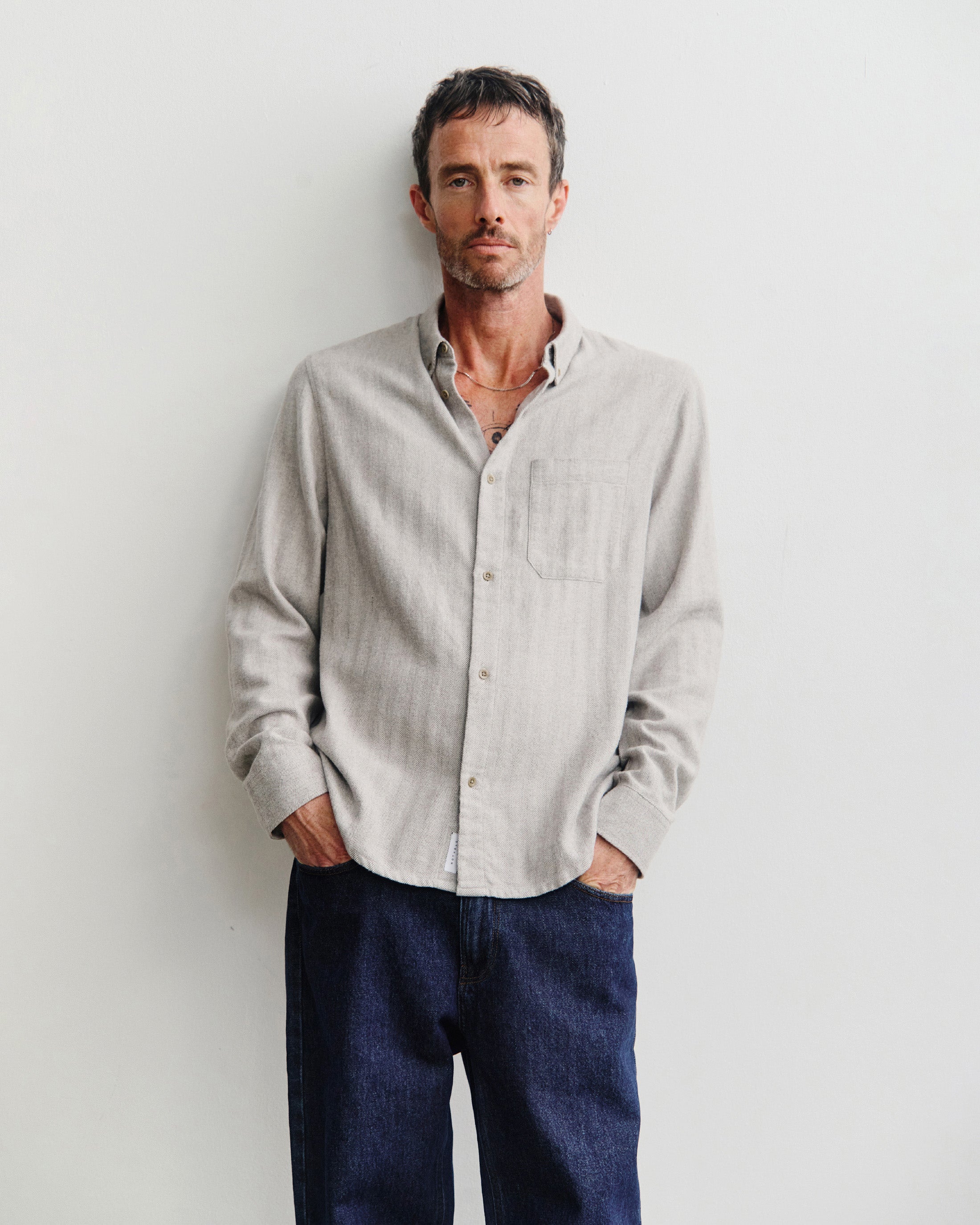 Button-Down Hemd Bio Baumwolle - Herringbone Grau