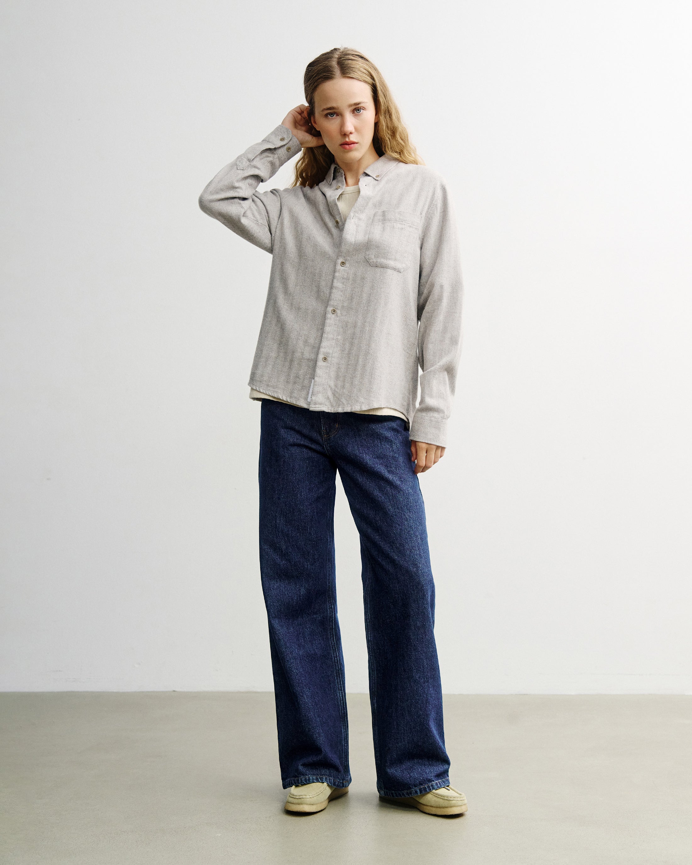 Button-Down Hemd Bio Baumwolle - Herringbone Grau