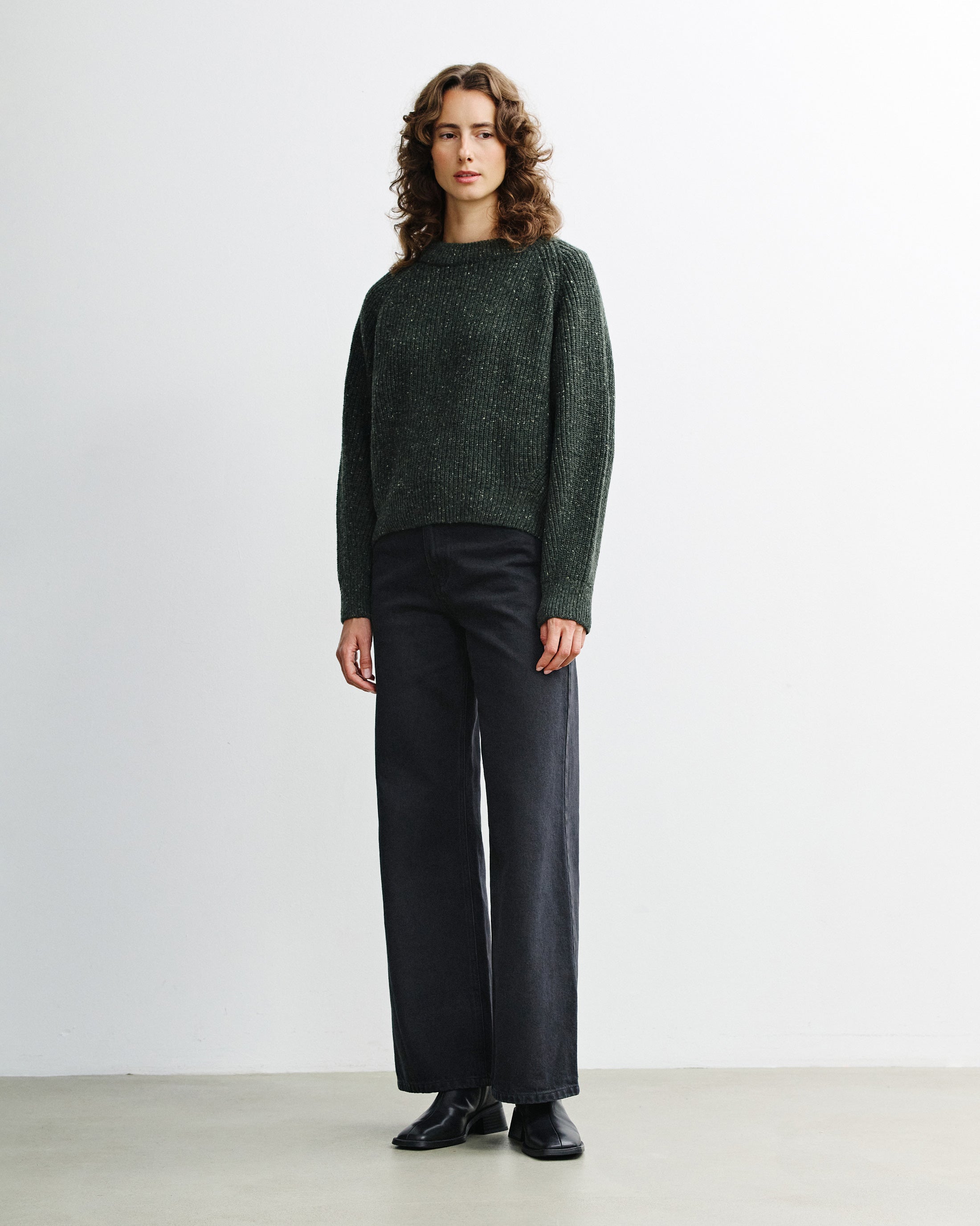 Kurzer Strickpullover Merinowolle - Grün