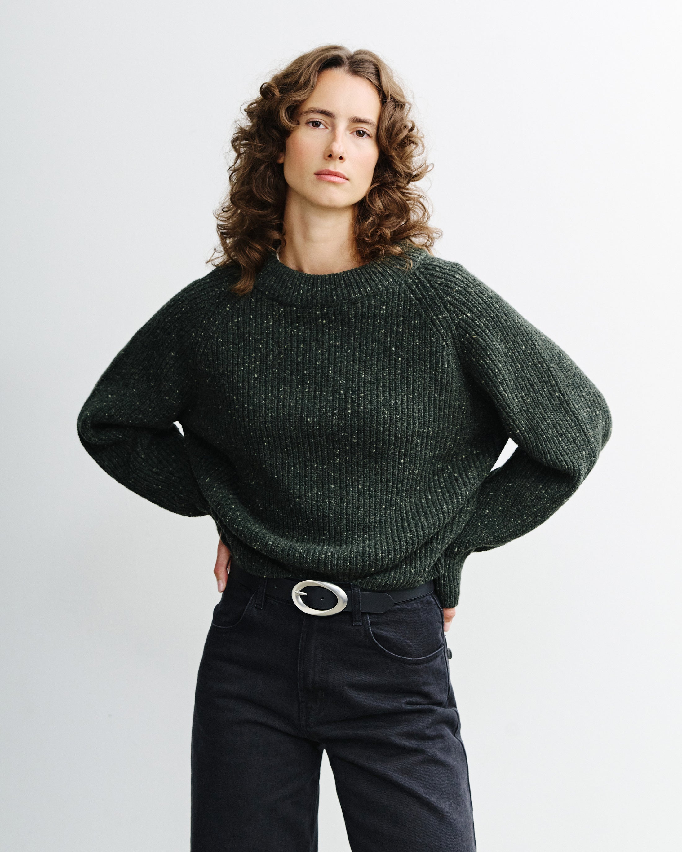 Kurzer Strickpullover Merinowolle - Grün