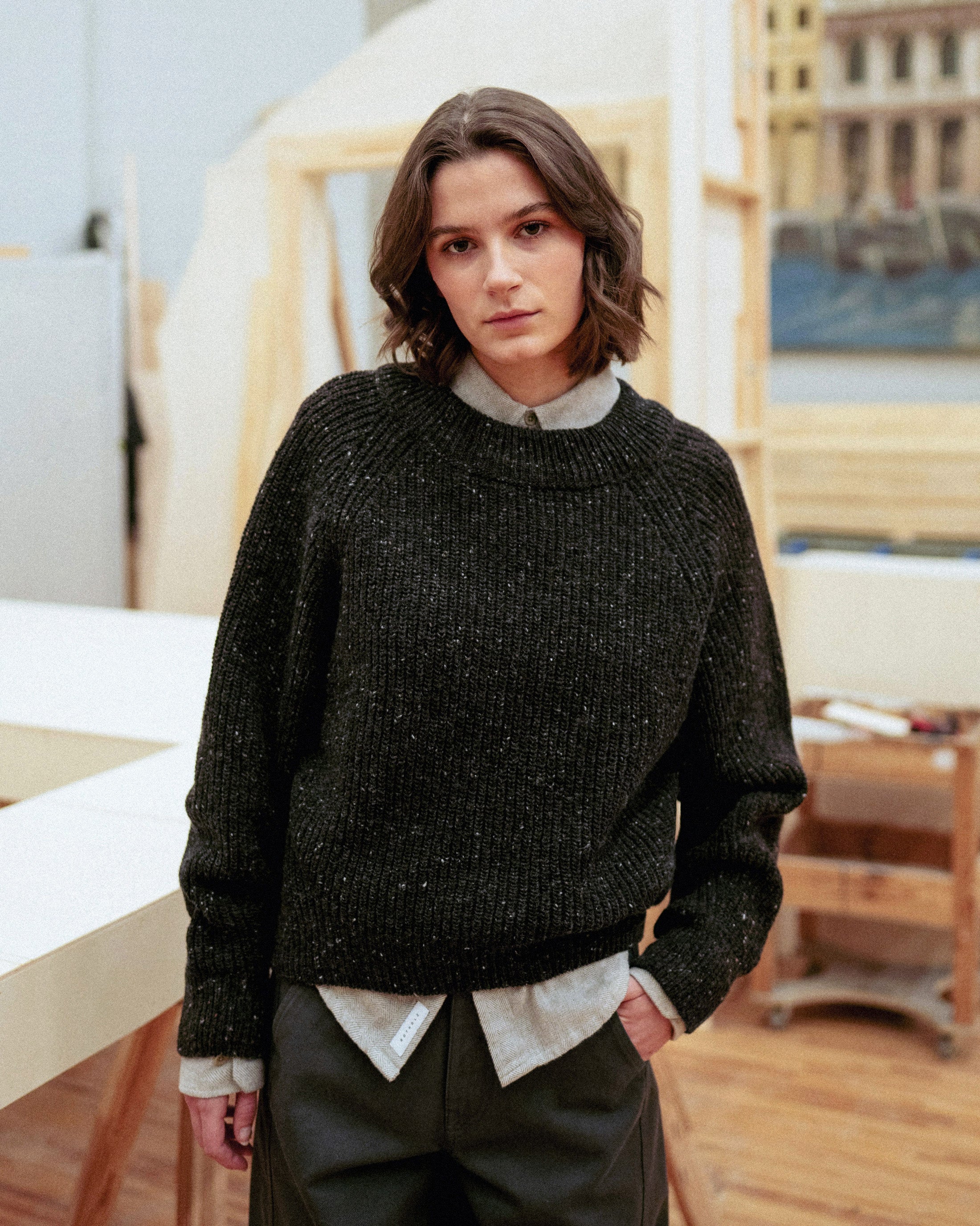 Kurzer Strickpullover Merinowolle - Schwarz