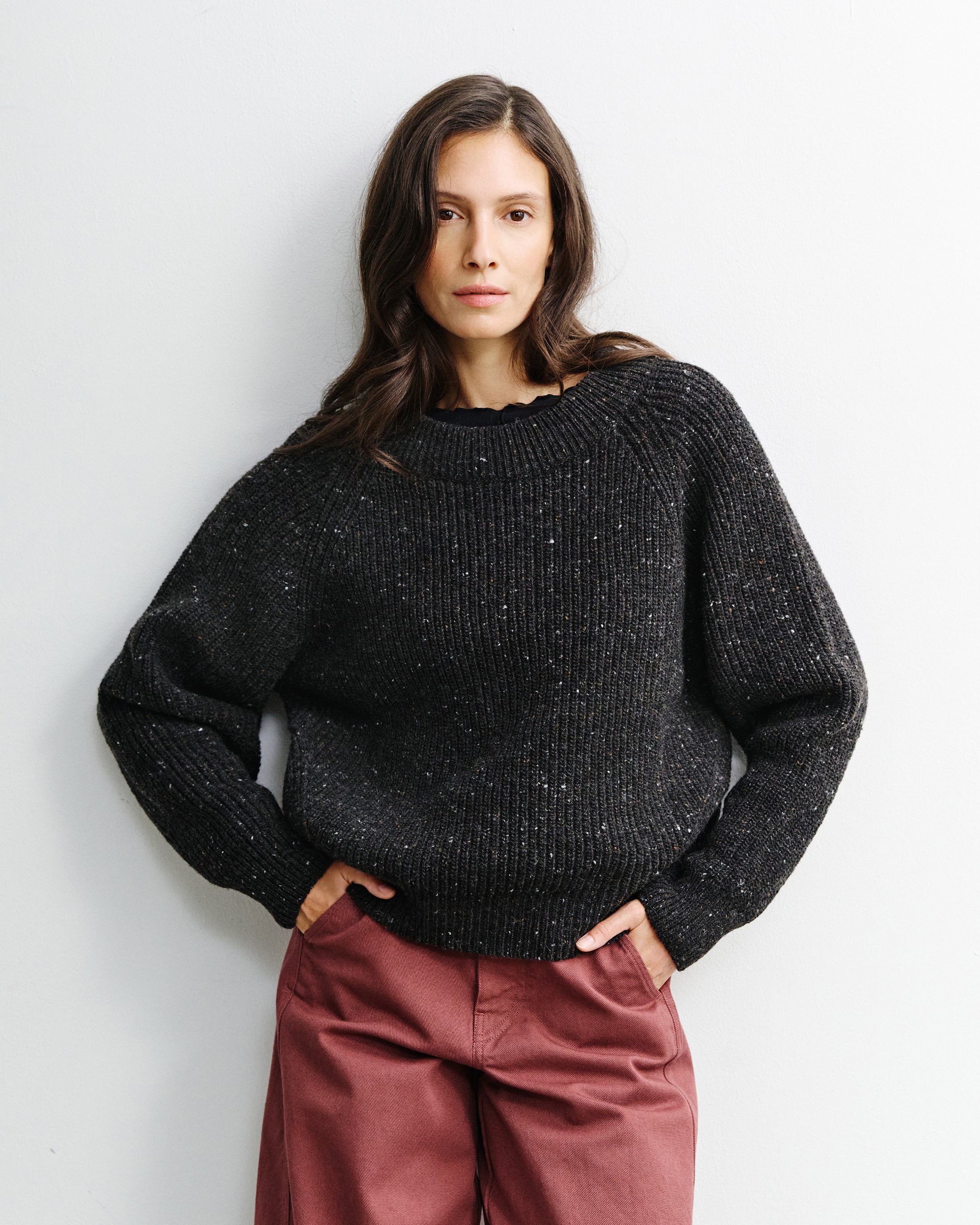 Kurzer Strickpullover Merinowolle - Schwarz