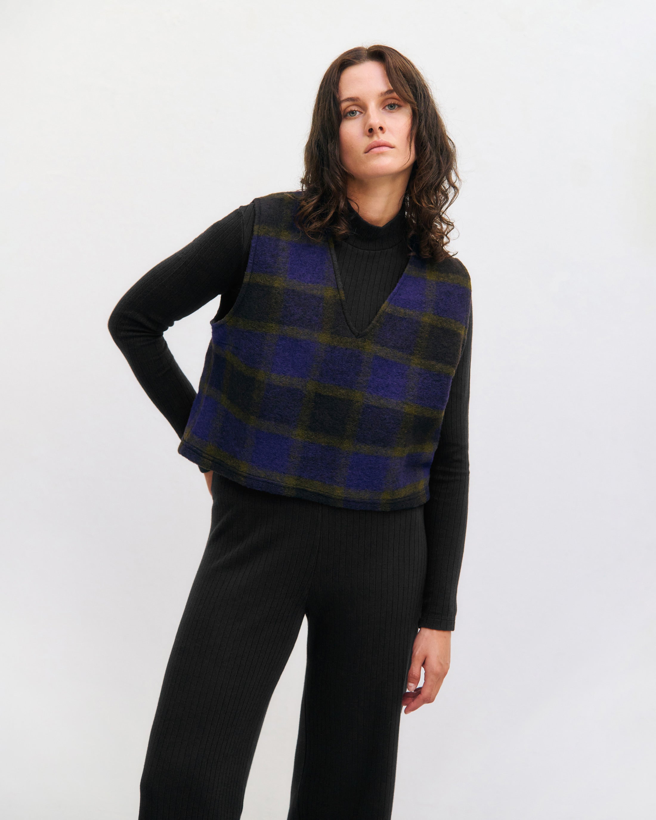 Kurze Weste Bio Wolle - Lila Kariert