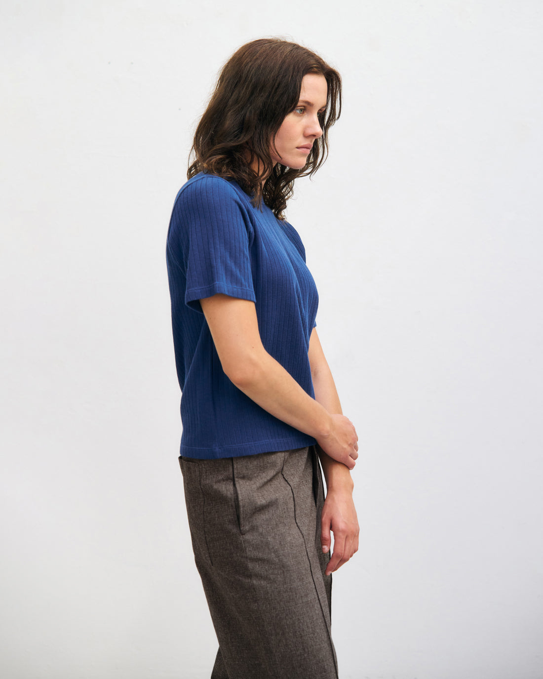 Schweres Geripptes T-Shirt Bio Baumwolle - Royalblau