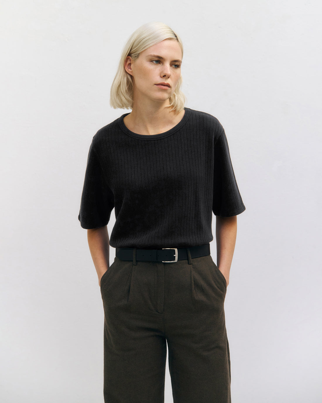 Schweres Geripptes T-Shirt Bio Baumwolle - Schwarz