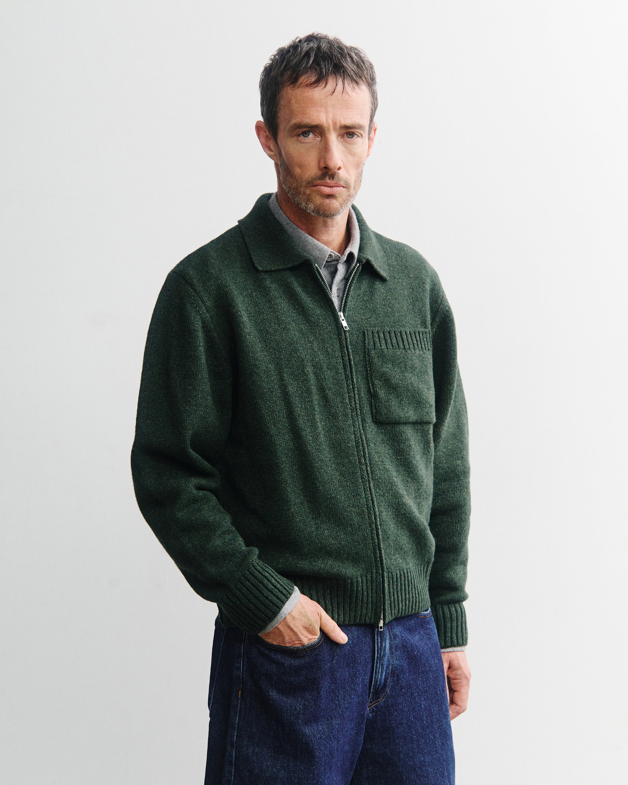 Polo Strickjacke Recycelte Wolle - Grün Meliert