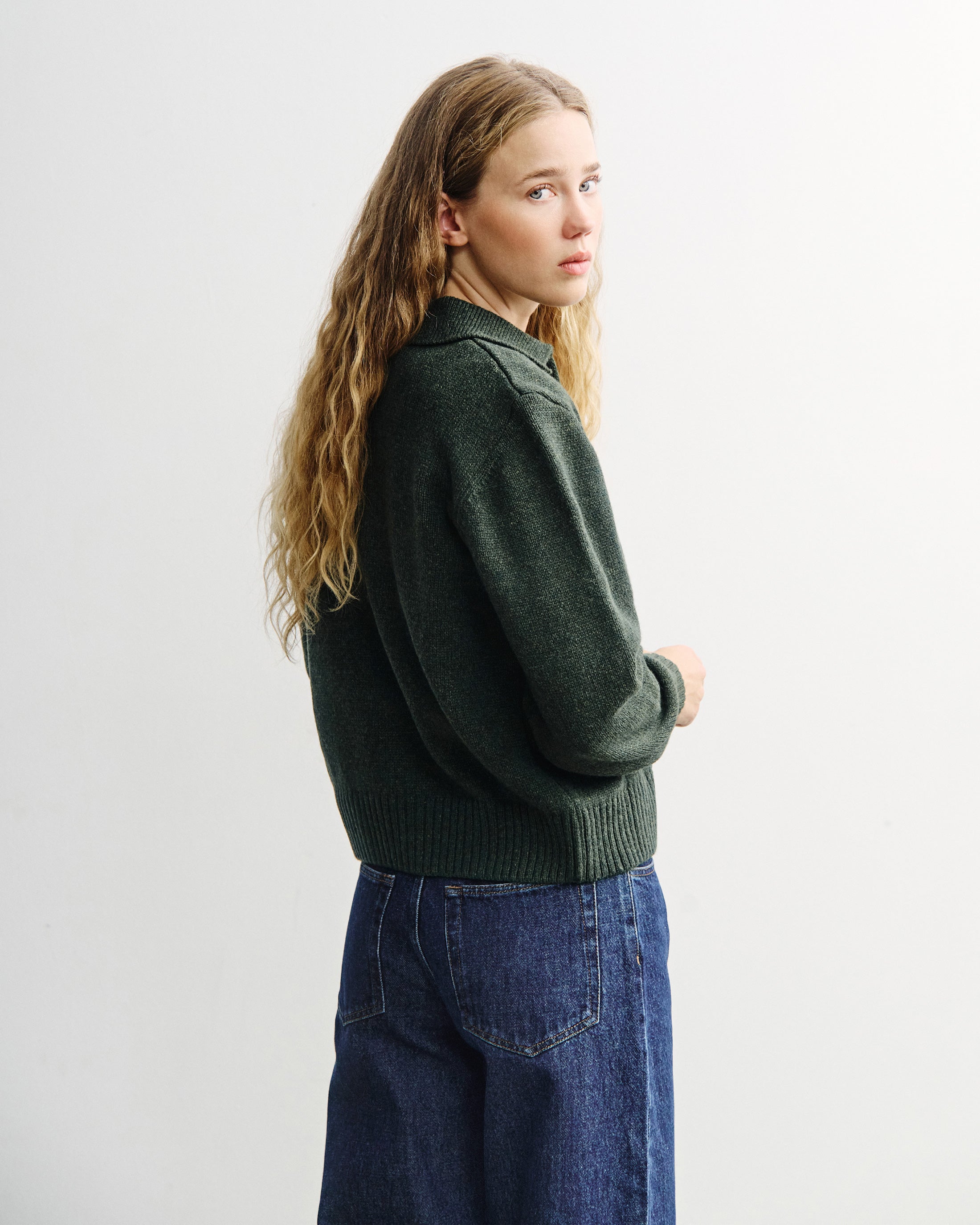 Polo Strickjacke Recycelte Wolle - Grün Meliert