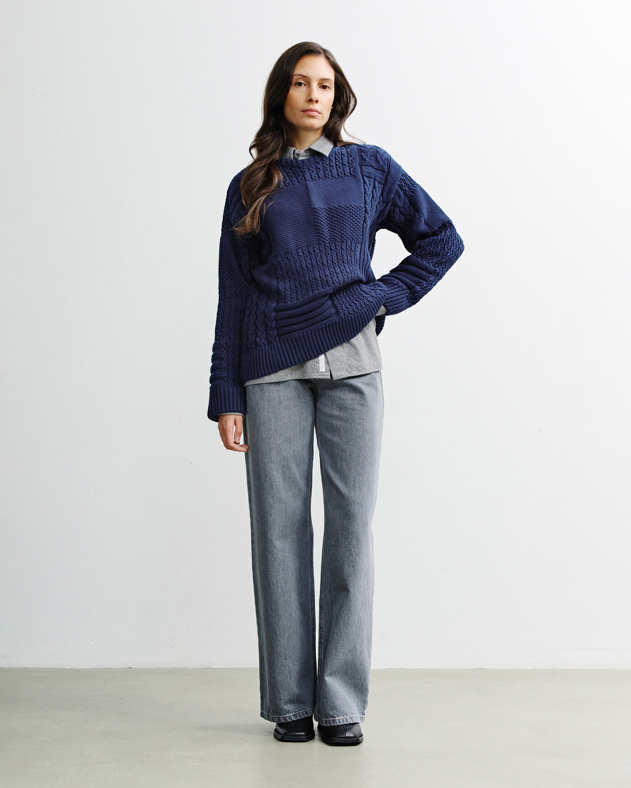 Patchwork Strick Sweatshirt Bio Baumwolle - Dunkelblau