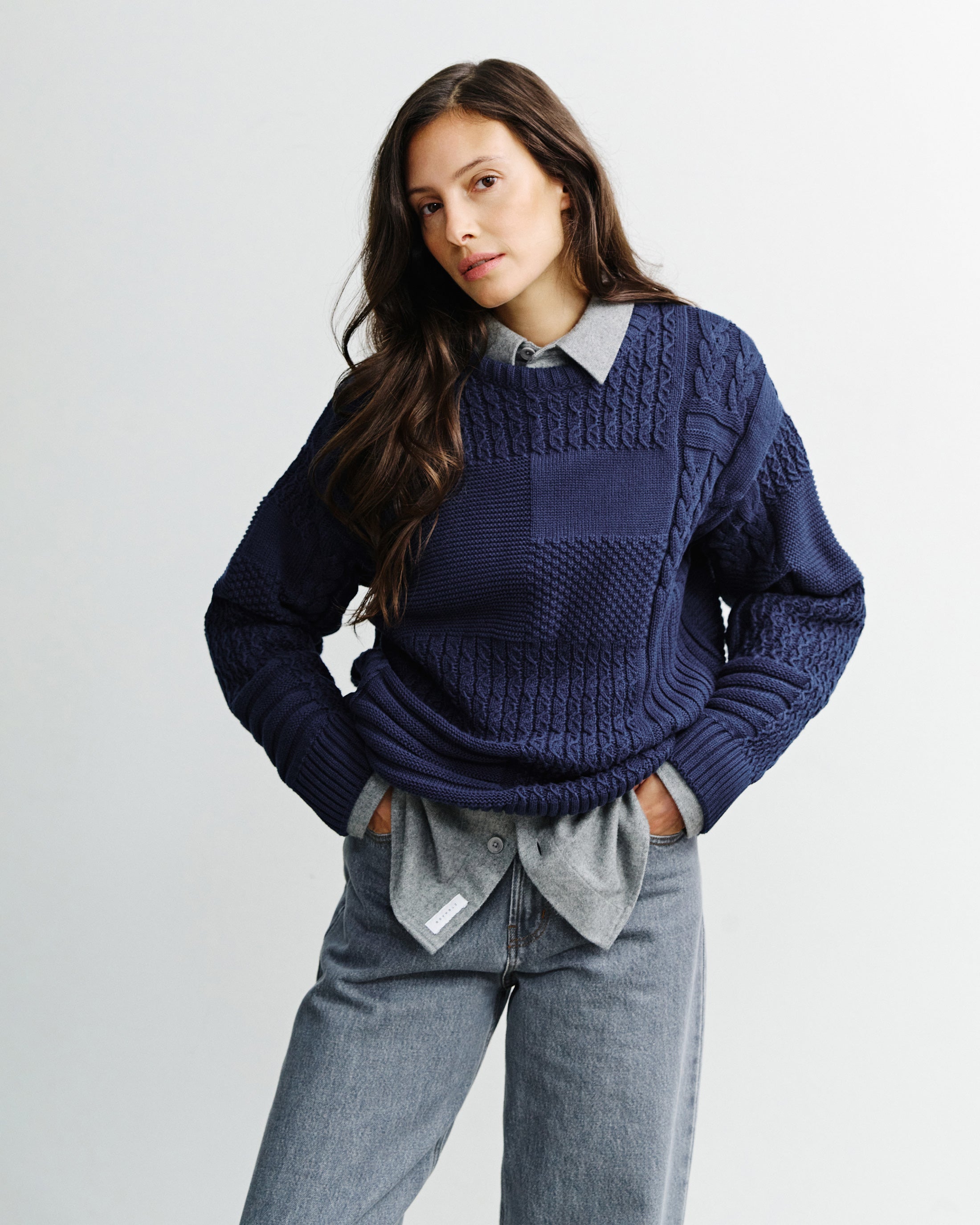 Patchwork Strick Sweatshirt Bio Baumwolle - Dunkelblau