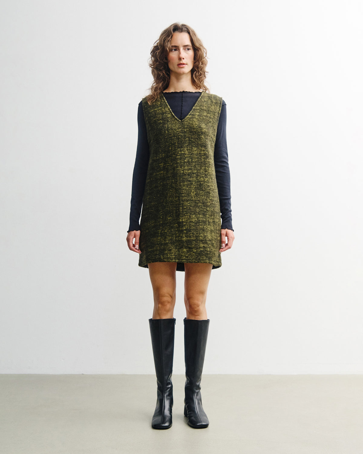V-Neck Dress Wool-Blend - Speckled Green