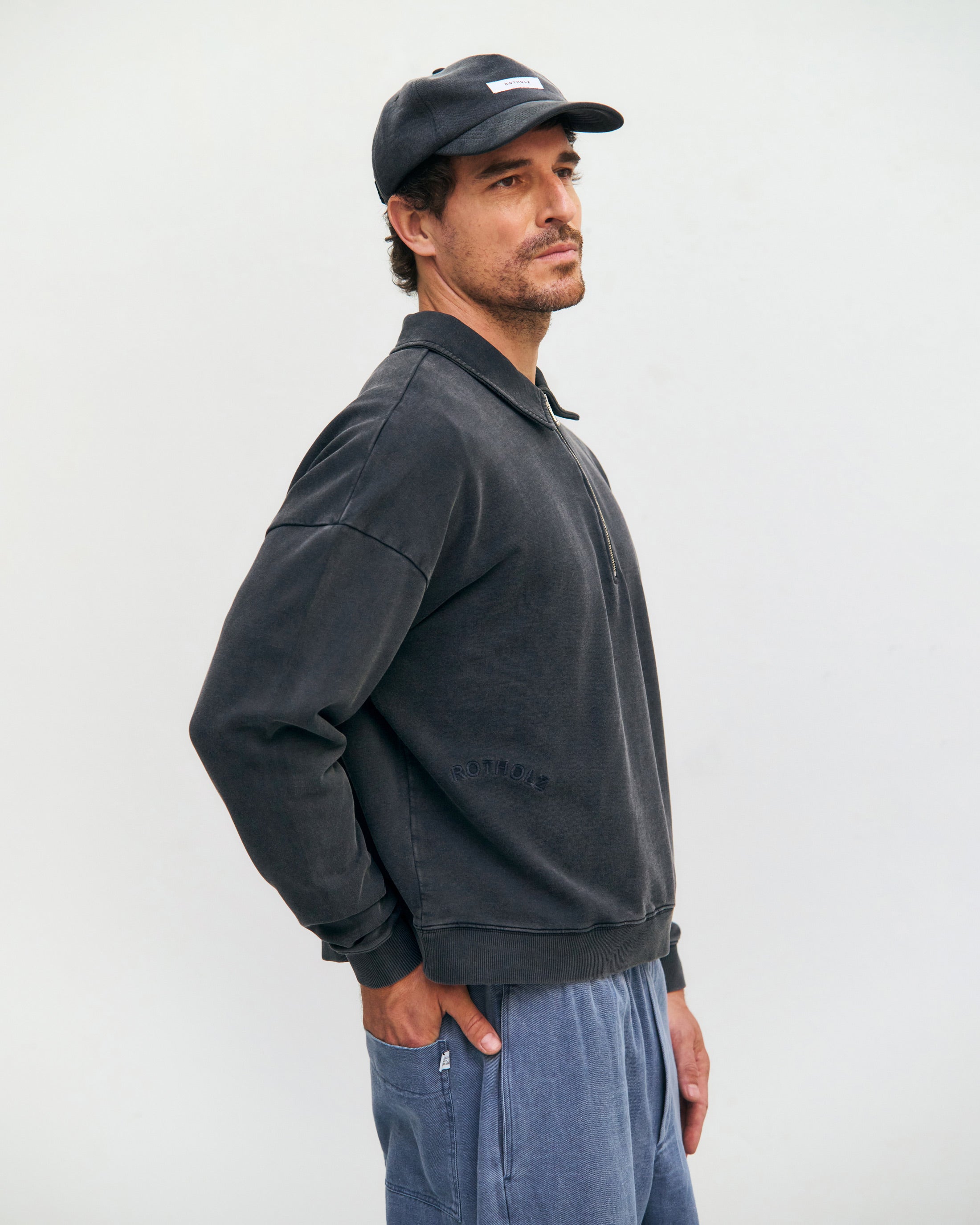 Polo Half Zip Sweatshirt Bio Baumwolle - Schwarz